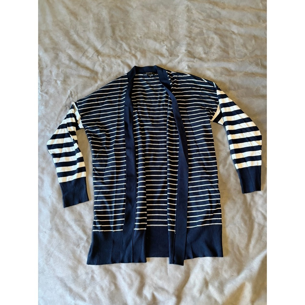 DKNY Womens Navy Blue White Striped Open Front Cardigan Sweater M/L Longline
